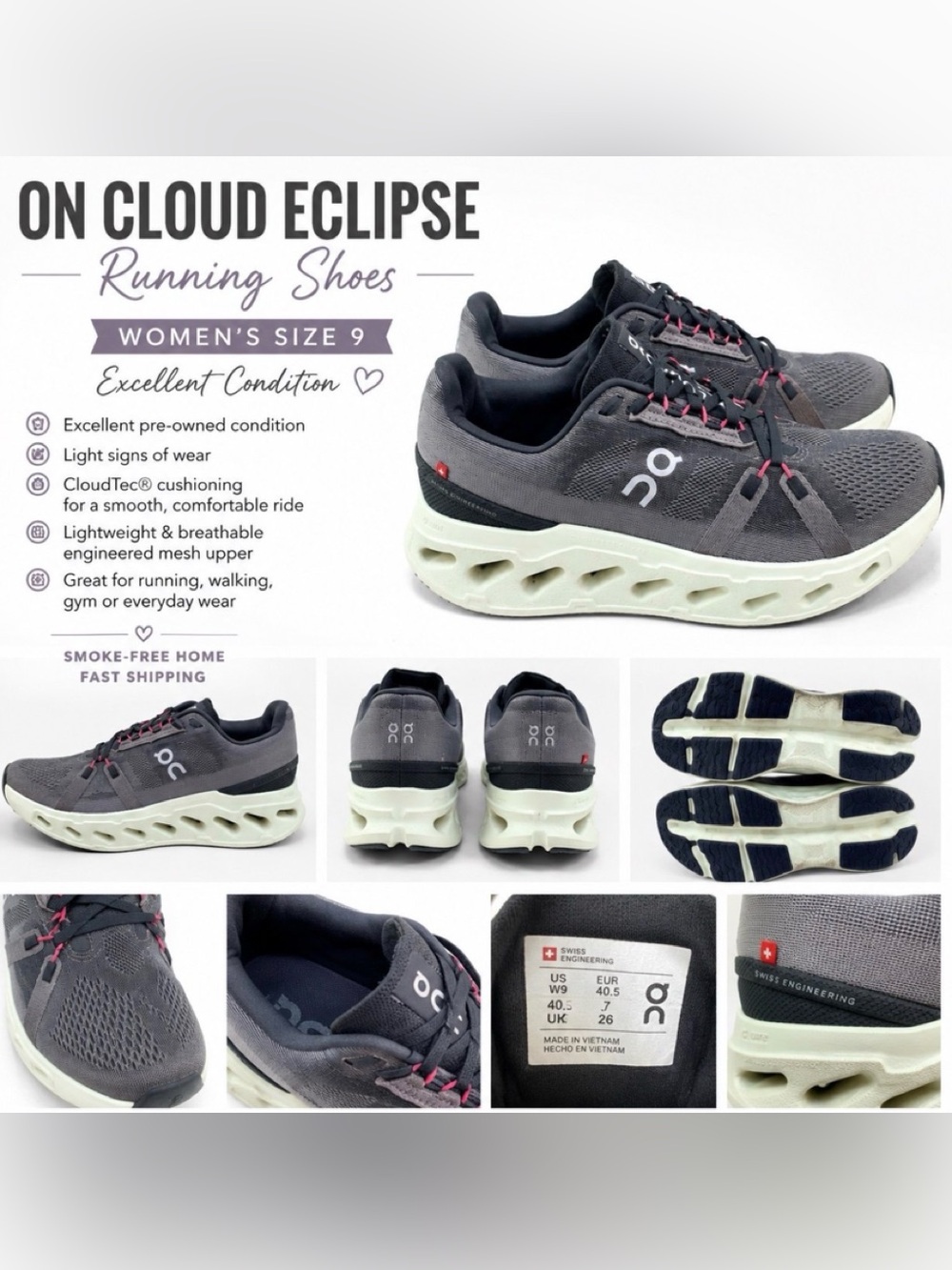 On Running Cloud Eclipse Women's Running Shoes - Gray with Pink Accents
